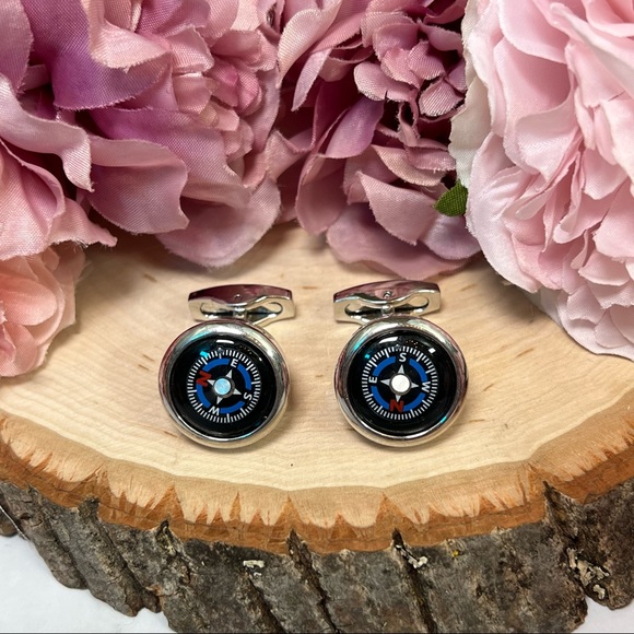 Unique Round Black and Blue Navigation Compass Silver Cufflinks - Picture 5 of 17
